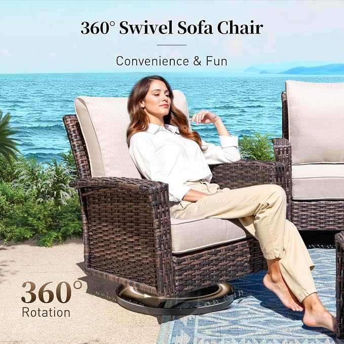 SUNSHINE VALLEY 6 Piece Patio Furniture Set with Swivel Chairs, High Back Wicker Rattan Sofa with Extra Thick Cushion, Coffee Table and Ottoman, Outdoor Conversation Set for Backyard Deck,Beige
