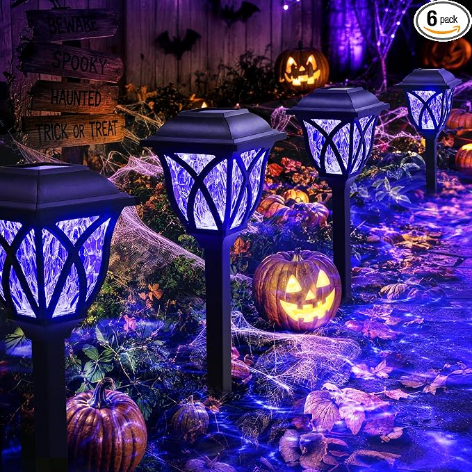 GIGALUMI Solar Halloween Lights Outdoor, LED Solar Pathway Lights 6 Pack | Garden Light Outdoor Decorations, Garden Decor for Yard, Patio, Landscape, Planter, Walkway (Purple)