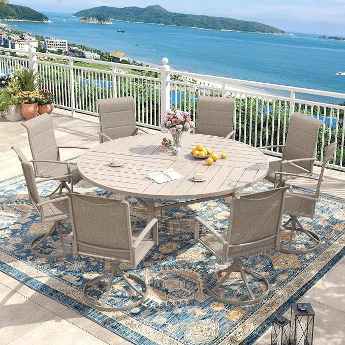 Outdoor Dining Set for 8, 63.1" Outdoor Dining Table with Umbrella Hole and Padded Textilene Patio Swivel Chairs, 9 Pieces Patio Table and Chairs Set for Garden Backyard, Sandshell