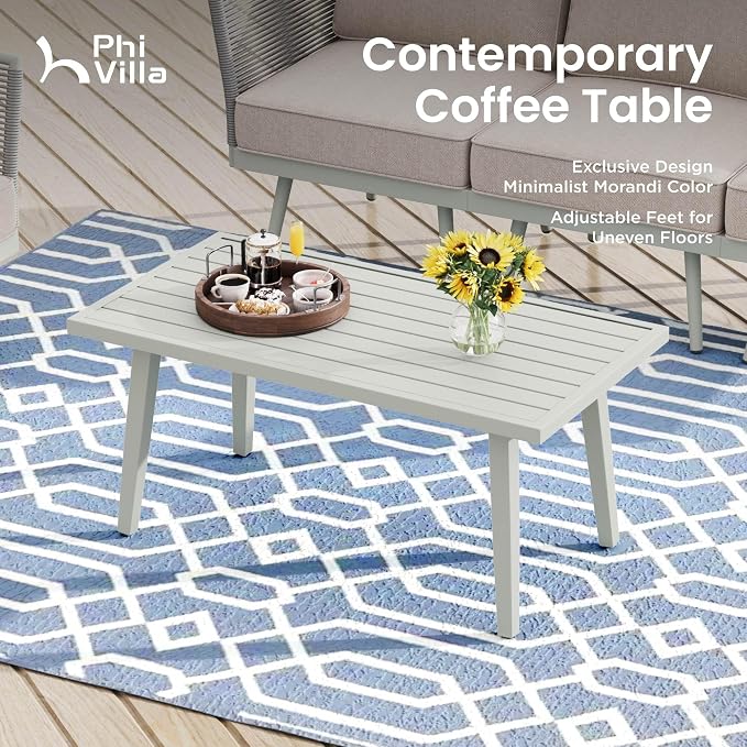 PHI VILLA 5-Piece Rope Rattan Patio Sectional Furniture Set,Modern Outdoor Conversation Set with Detachable Armrests and Grey Metal Frame,All Weather Patio Sofa with Coffee Table and Biege Cushions