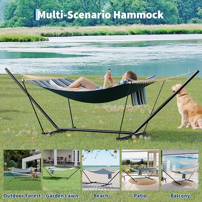 GarveeLife Outdoor Double Hammock with Heavy Duty Adjustable Steel Stand, Portable 2 Person Hammock for Patio Garden Beach Backyard