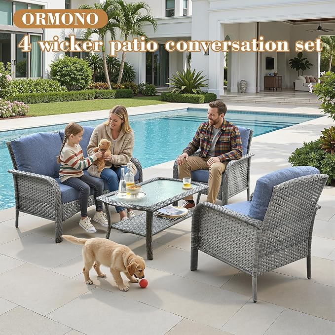 4 Pieces Patio Furniture Set, Small Outdoor Patio Set with Coffee Table, All-Weather Rattan Wicker High Back Conversation Set Loveseat with Chairs for Porch, Backyard, Balcony, Denim Blue