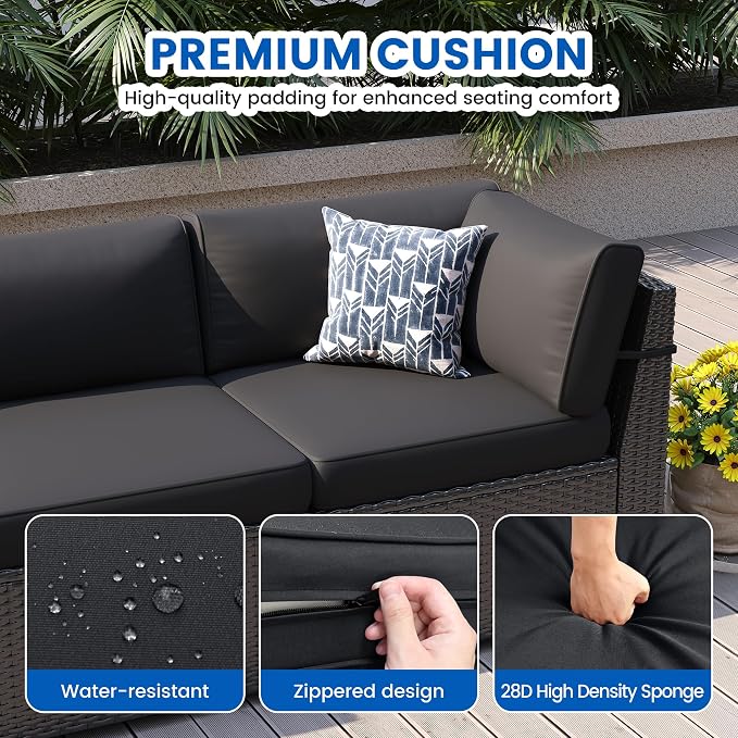 8 Piece Patio Furniture Set with 44” Fire Pit Table All-Weather Wicker Conversation Sectional Sofa & Coffee Table with Thickened Cushions for Backyard, Garden(Black)