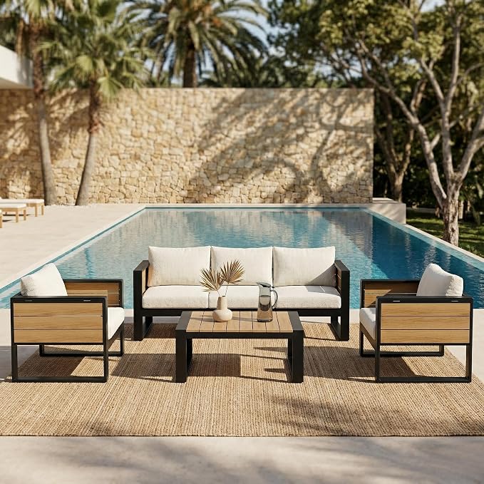 JIVOIT 4-Piece Outdoor Patio Furniture Set for 5 Person, Large Aluminum Frame Conversation Set with 3-Seater Sofa, 2 Armchairs with Fold-Out Side Tables, Modern Garden/Patio Seating, All-Weather Use