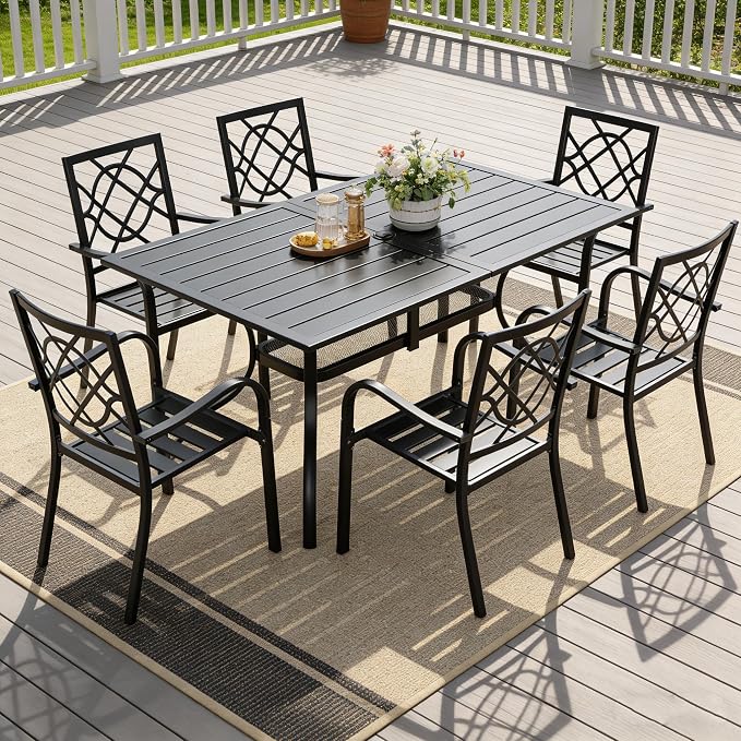 SUNCROWN 7-Piece Outdoor Wrought Iron Chairs and Table Patio Dining Furniture Set - 6 Stackable Metal Chairs, 1 Steel Slat Bistro Table for Garden Backyard Deck