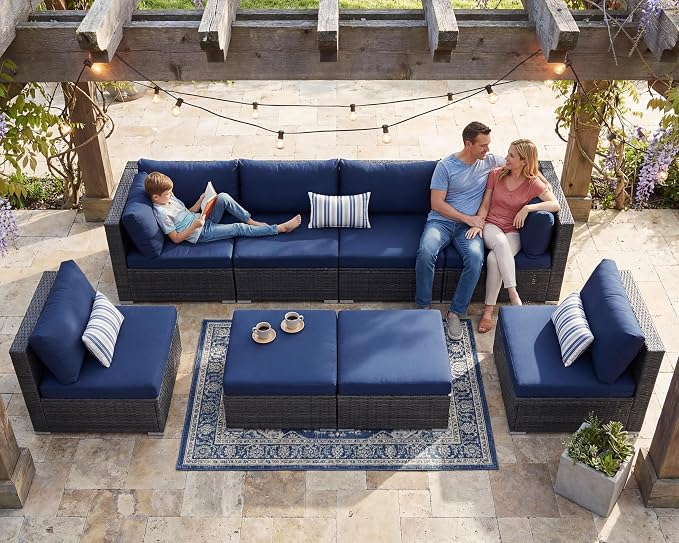 NICESOUL Outdoor Sofa Set of 8, Deep Seating Extra Large Patio Conversation Set, 29.3'' High Back Modern Luxury Wicker Modular Sectional for Backyard Lawn Deck Garden, 2 Color Cushions Navy & Gray