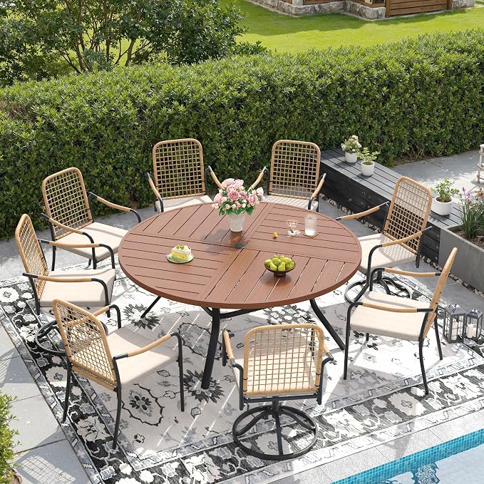 DIFY 9 Pieces Outdoor Dining Set for 8, 59.8" Walnut Round Metal Table with 4 Stackable Wicker Patio Chairs & 4 Swivel Chairs, Patio Furniture Set with Cushions and Umbrella Hole, Wheat Rattan
