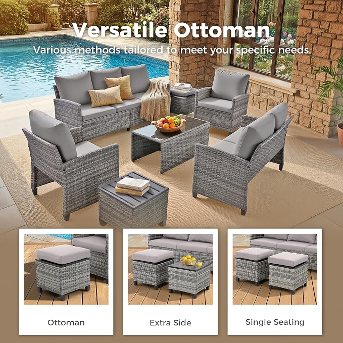 7 Pcs Patio Set, Outdoor Wicker Sofa/Ottomans & Table Gray/Gray | Weather Resistant PE rattan | All-Weather Durability | Removable Easy Clean | 350 lbs | Ideal for Backyard, Poolside, Balcony