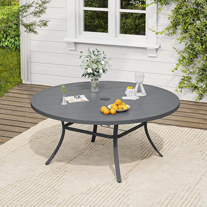 VICLLAX Patio Dining Set, 63" Dark Grey Table & 6 Chairs with Grey Cushion | Outdoor Table and Chairs Set of Round Metal Patio Table, Outdoor Dining Chairs with Metal Frame, Garden Deck Porch