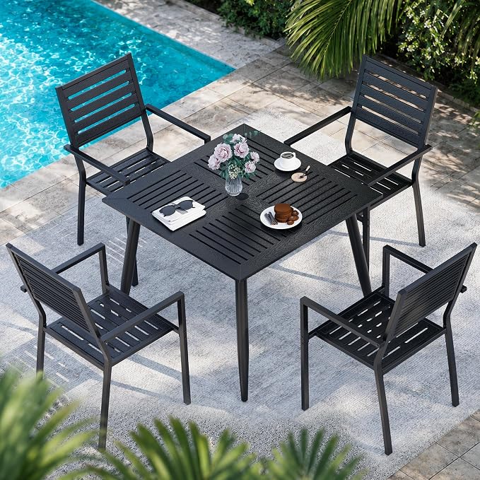 Pamapic 5-Piece HDPE Outdoor Dining Set, All-Weather Patio Furniture Set with Powder-Coated Iron Frame, Outdoor Table & 4 Stackable Chairs for Garden, Backyard, Poolside, Deck