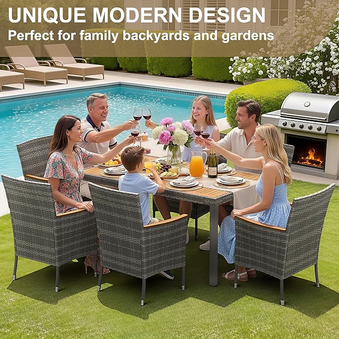 Devoko Dining 7 PCS Furniture, Patio Conversation Set with Acacia Wood Table Top, Outdoor, Beige Cushion and Grey Rattan