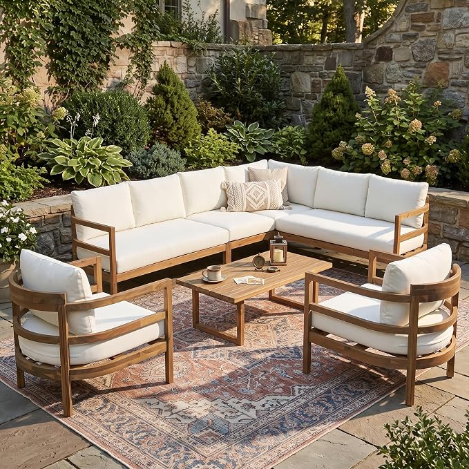 Outdoor Acacia Wood 7-Seater Sectional Sofa Set