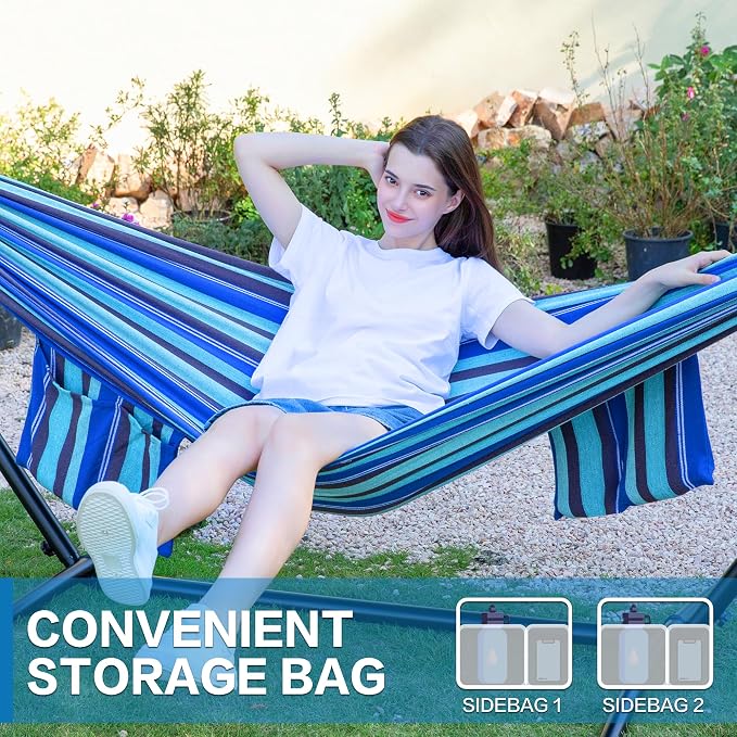 PNAEUT Double Hammocks with Stand for Outside, Portable Space Saving Heavy-Duty Steel Stand for Indoor Outdoor Patio with Carrying Bag, 450 lbs Capacity (Blue Lagoon)