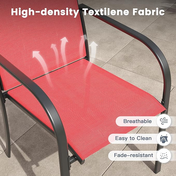 VICLLAX 11 Pieces Patio Outdoor Dining Set, 60" Round Metal Table with Umbrella Hole and 10 Stackable Textilene Chairs for Patio, Lawn, Garden, Porch, Black/Red