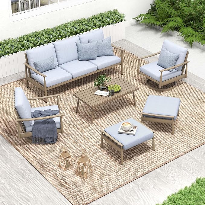 HAPPATIO Patio Outdoor Furniture Set - 6 Pieces Aluminum Outdoor Conversation Set with 1 Three-Seater Sofa, 1 Coffee Table, 2 Swivel Chairs, and 2 Ottomans for Yard, Porch, and Deck (Grey)