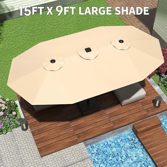 15 ft Umbrella Outdoor Patio with Base, Double-Sided Rectangular Outdoor Shade,UV & Fade-Resistant Polyester, Easy Crank Lift,Waterproof Market Umbrella for Pool, Garden, Backyard