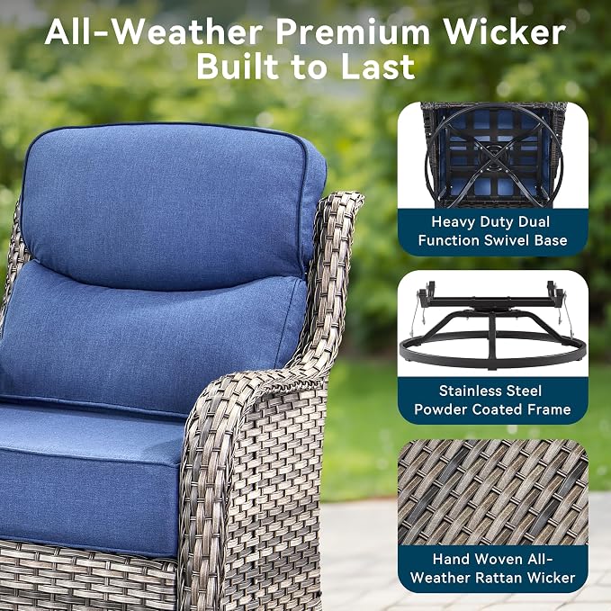 Luxury High Back Outdoor Furniture 6-Inch Thick Cushions with 50,000 BTU Gas Propane Fire Pit Tablet, Patio Furniture Set with Swivel Chairs, 6 PCS for Porch, Balcony, Deck and Yard