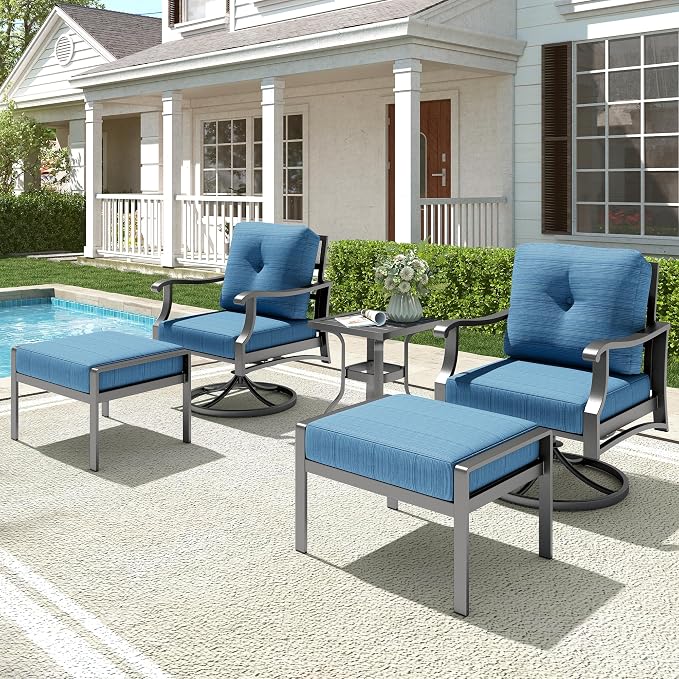 Outdoor Swivel Rocker Chairs w/2 Ottomans, Coffee Table, 5 Piece Metal Patio Conversation Bistro Set with 5" Thickened Cushions, Aluminum Frame for Porch, Yard, Balcony, Blue