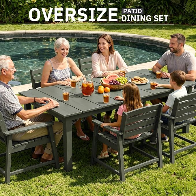 AreShark 7-Piece Outdoor Dining Set,HDPE Patio Table with 6 Armchairs,All-Weather Patio Furniture Set with Umbrella Hole,Low Maintenance Wood Grain Dining Set for Backyard,Garden,Poolside,Black