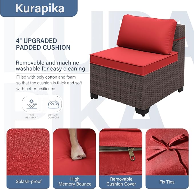 Kurapika 8 Pieces Patio Furniture Set, Rattan Wicker Outdoor Conversation Sets w/43in Propane Fire Pit Table and 4 Inch Cushion(Red)