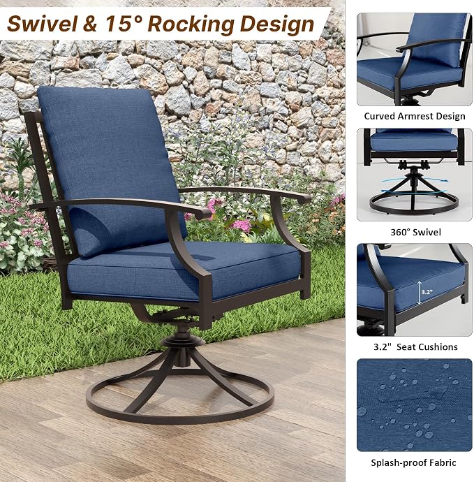 ALAULM 5-Piece Outdoor Dining Set for 4 Metal Outdoor Patio Furniture with 2 Swivel Chairs & 40000 BTU Round Fire Pit Table for Patio, Backyard, Garden-DarkBlue