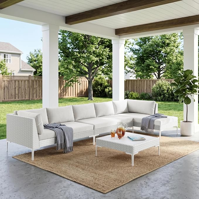 Luxury Patio Furniture Set 6 Seater Large Modular L-Shaped Outdoor Sectional with Thick Cushion & Deep Seat Oversized White Wicker Patio Conversation Sets for Backyard, Deck