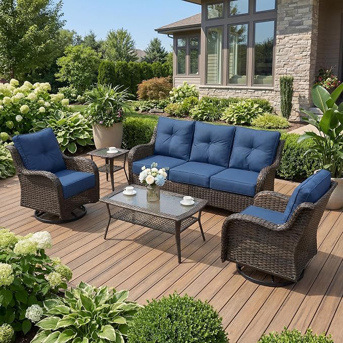 Patio Furniture Set, 5PCS Outdoor Wicker Conversation Set with 6" Thick Cushions, High Back Rattan Sofa & Swivel Rocker Chairs, Weather Resistant Olefin Fabric for Garden, Poolside, Navy Blue