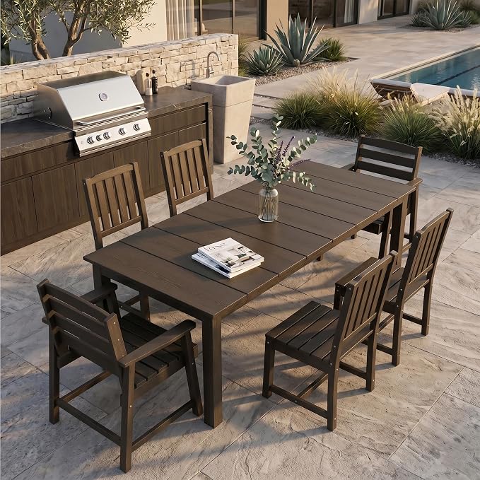 PLUUV 7-Piece Outdoor Patio Dining Set, All-Weather HDPE Dining Furniture Set with Umbrella Hole Cut-Out Table, Aluminum Table Legs, and 6 Chairs, Waterproof & Easy Clean for Backyard, Garden, Coffee
