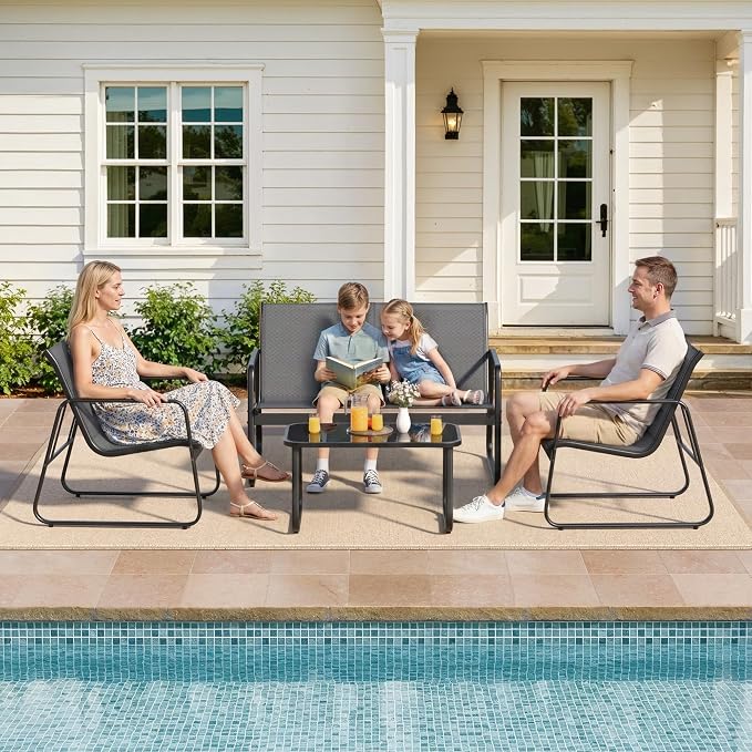 Gizoon 4 Piece Patio Furniture Set, Outdoor Conversation Set, with Glass Coffee Table, Loveseat, 2 Single Chairs, All Weather Textile Fabric, for Backyard, Balcony, Lawn, Garden, Poolside, Grey