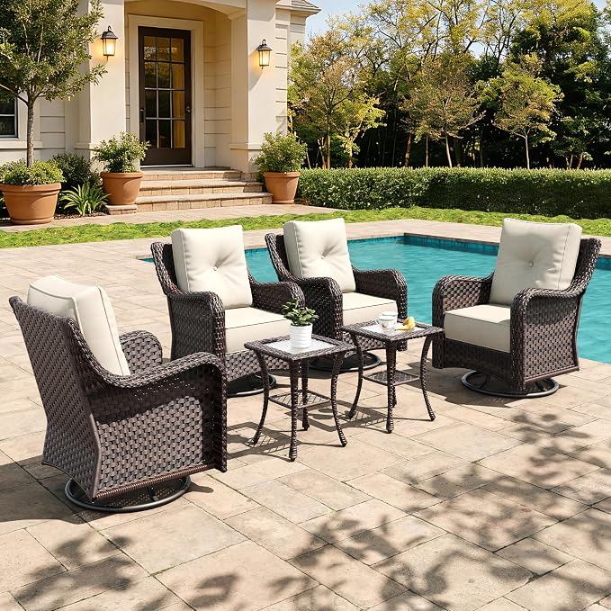 6 Pieces Outdoor Furniture Set with 6-inch Cushions, High Back Wicker Swivel Rocker Chairs with Coffee Table, Luxury Conversation Set for Deck Patio and Poolside