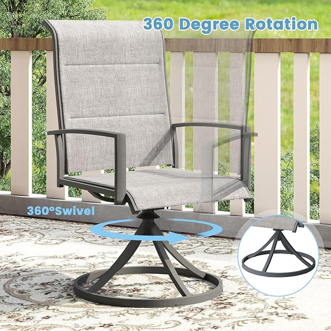 DIFY 9 Piece Outdoor Patio Dining Set for 8, 60" Grey Wood-Like Round Metal Dining Table and Swivel Patio Chairs with Grey Padded Textilene, All-Weather Outdoor Furniture Set for Garden Backyard