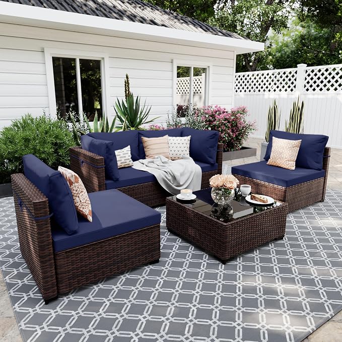 UPHA 5 Pieces Patio Furniture Sets, Wicker Outdoor Sectional Sofa Couch with Coffee Table, Patio Conversation Set for Deck Backyard Garden, Brown Rattan, Navy Blue Cushion