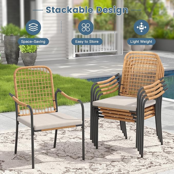 DIFY 7 Pieces Outdoor Dining Set for 6, 59.2" Black Rectangle Metal Table with 4 Stackable Wicker Patio Chairs & 2 Swivel Chairs, Patio Furniture Set with Cushions and Umbrella Hole, Wheat Rattan