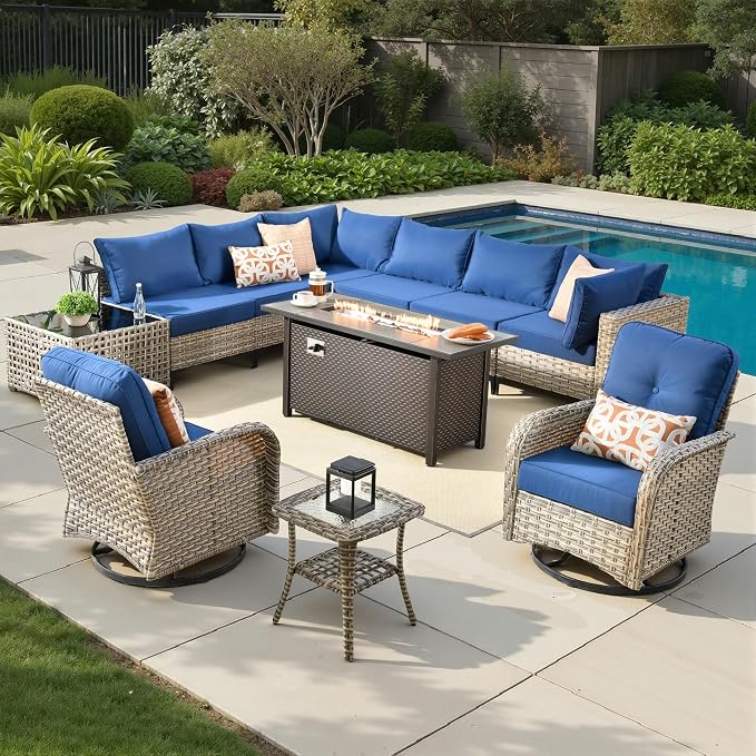 11 Pieces Patio Sectional Furniture Set, Outdoor Wicker Sectional Couch with Firepit Swivel Rocker Chairs Solar Lights Table, Modern Conversation Set for Porch Balcony Backyard, Navy Blue
