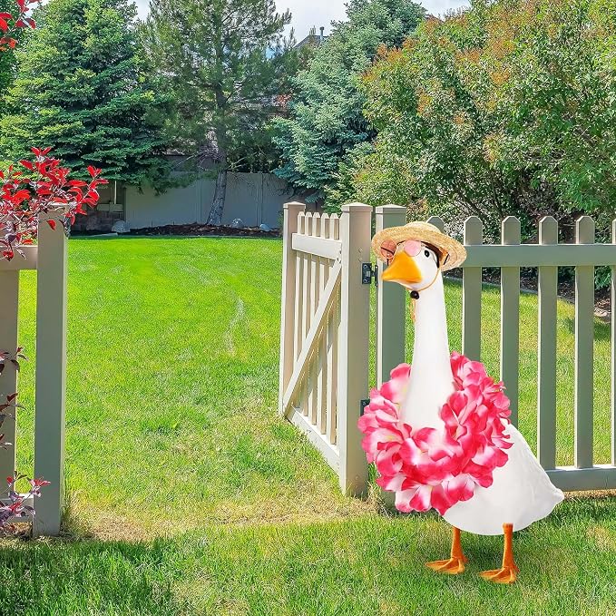 Shyyween Summer Porch Goose Outfits for Plastic Goose 23/17'' Hawaiian Lawn Patio Statue Clothes Straw Hat and Hawaiian Lei Costume(Pink)