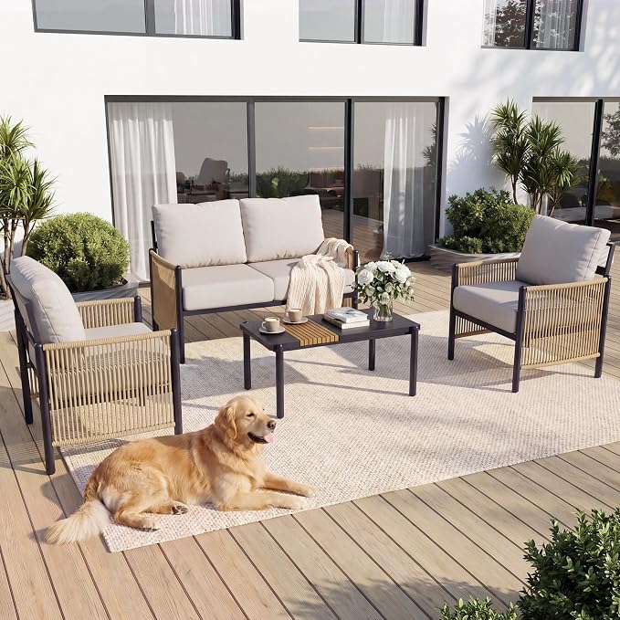 Aluminum Patio Furniture Set, 4 Seats Outdoor Patio Furniture with Coffee Table, Outdoor Wicker Conversation Sets with Cushion for Backyard, Balcony,Porch,Light Grey
