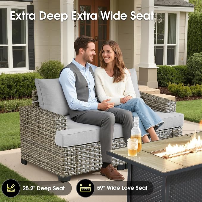 Rattan Patio Furniture Set with Swivel Chairs,6 Pieces Outdoor Sectional with Glowing Coffee Table,Out Door Furniture Conversation Set,Light Grey