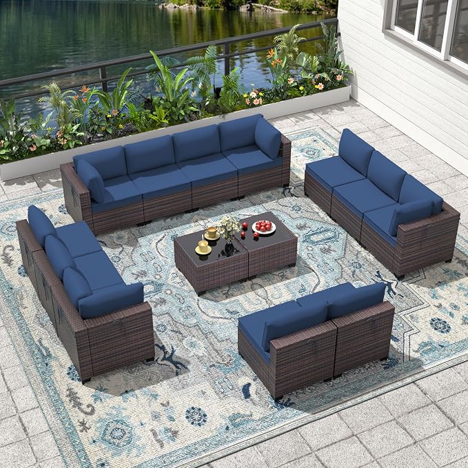 14 Pieces Outdoor Patio Furniture Set,Outdoor Sectional Furniture All Weather PE Rattan Wicker Patio Conversation Set with 2 Coffee Tables and 12 Thickened Cushions,Navy Blue