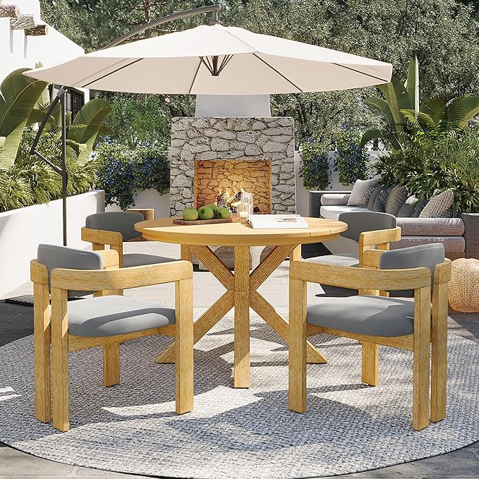 5-Piece Outdoor Acacia Wood Round Dining Set, All-Weather Round Dining Table and 4 Barrel Chairs & Removable Cushions, 5-Piece Patio Furniture for Backyard Deck Poolside (Gray Cush)