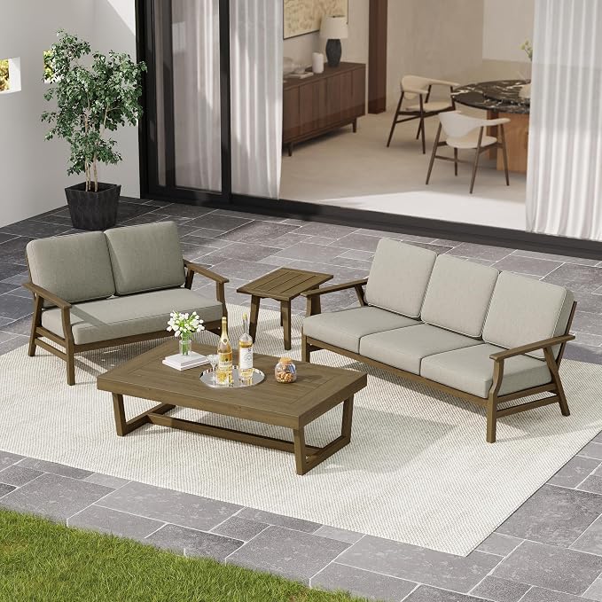 3 Pieces Patio Furniture Sets, Teak Wood Outdoor Sectional Furniture with Coffee Table, 5 Seats Patio Sofa Couch Conversation Set for Backyard Deck - Light Camel