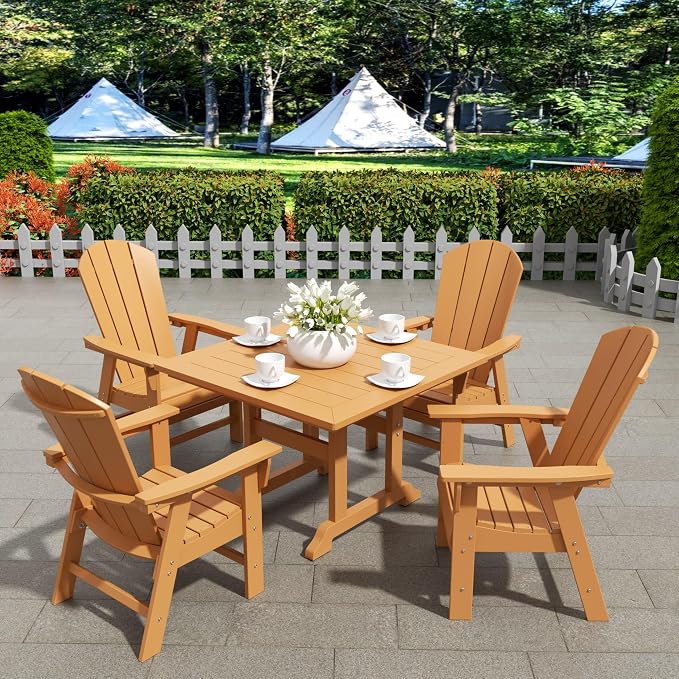 WestinTrends Malibu 5 Piece Adirondack Outdoor Dining Set, All Weather Poly Lumber Patio Table and Chairs Furniture Set, 43" Trestle Square Dining Table and 4 Adirondack Dining Chair, Teak