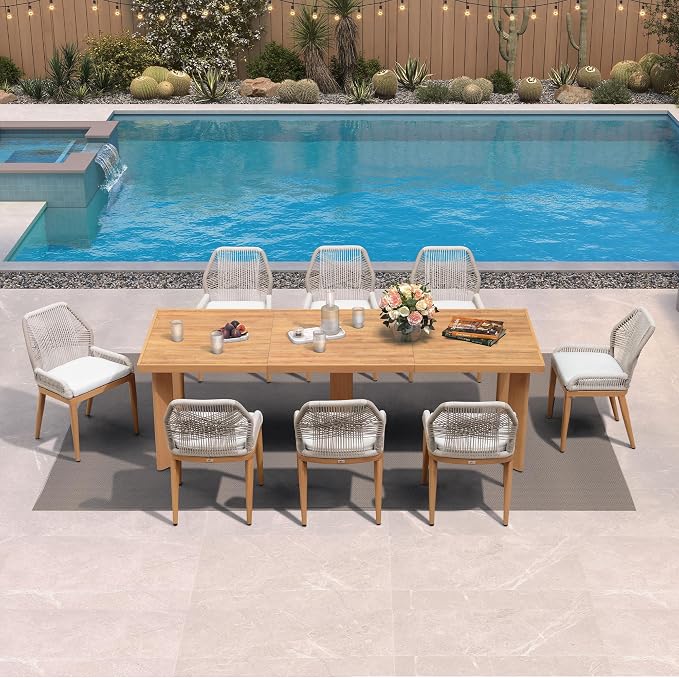 PURPLE LEAF 9 Pieces Patio Dining Set Aluminum Modern Rectangular Table and Wicker Chairs with Cushions for Kitchen Porch Garden Outdoor Furniture Sets, Teak