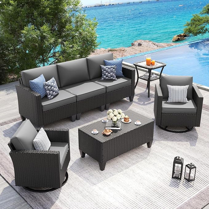 UDPATIO Patio Furniture Set, 5 Pieces Outdoor Conversation Sets with Rocking Swivel Chairs, Wicker Rattan Outdoor Sofa Set with Storage Table and Waterproof Covers for Backyard, Deck, Porch, Grey
