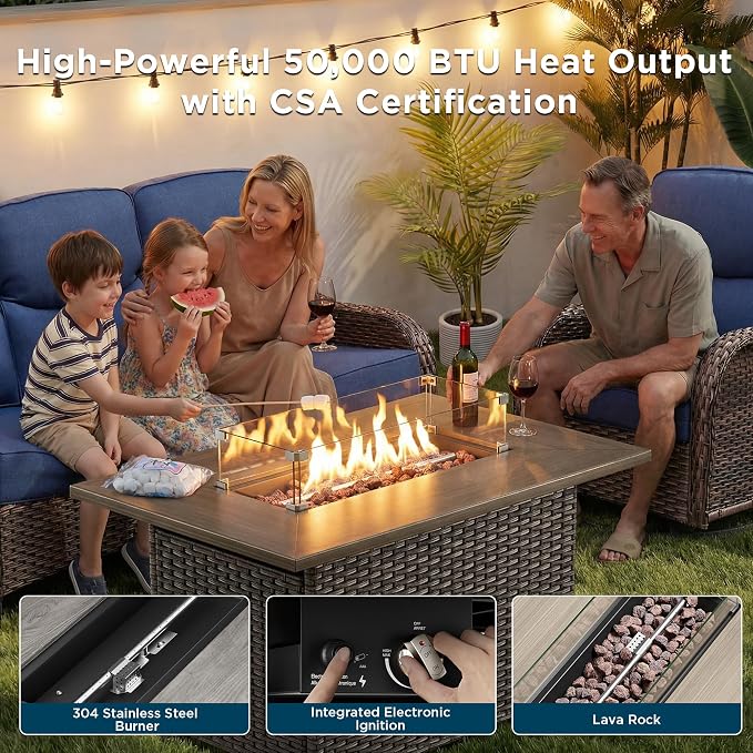 Luxury Patio Furniture Set with Fire Pit Table-6 Pieces All Weather Outdoor Swivel Rocker Chairs with Sofa and Ottomans. Outdoors Patio Conversation Sets for Porch Deck Garden Backyard(Brown/Blue)