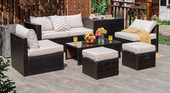 RELAX4LIFE 8-Piece Patio Furniture Set - PE Wicker Conversation Set w/Cushions, Pillows, Tempered Glass Table, Storage Box, Outdoor Sectional Sofa Set for Yard, Deck (White)