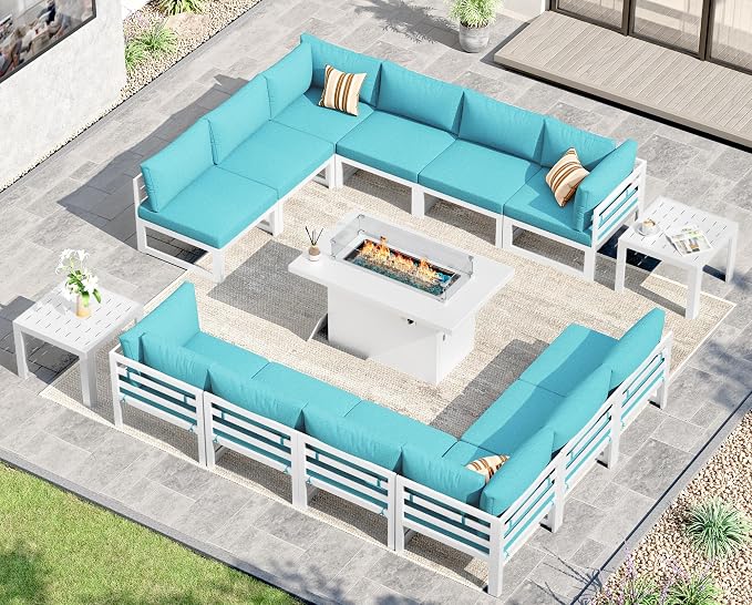 NICESOUL 12 People Large Luxury Aluminum Outdoor Sectional Sofa with Fire Pit & Side Table, L Shaped Modular Patio Furniture Set, 500 lbs Heavy Duty Conversation Couch for Poolside Lawn, Turquoise