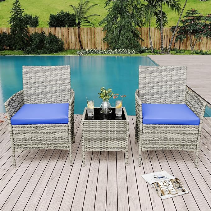 3-Piece Patio Furniture Set – Outdoor PE Rattan Armchairs, Water-Resistant Blue Cushions, Glass Table – Conversation Set – Grey Gradient Rattan/Blue Cushion