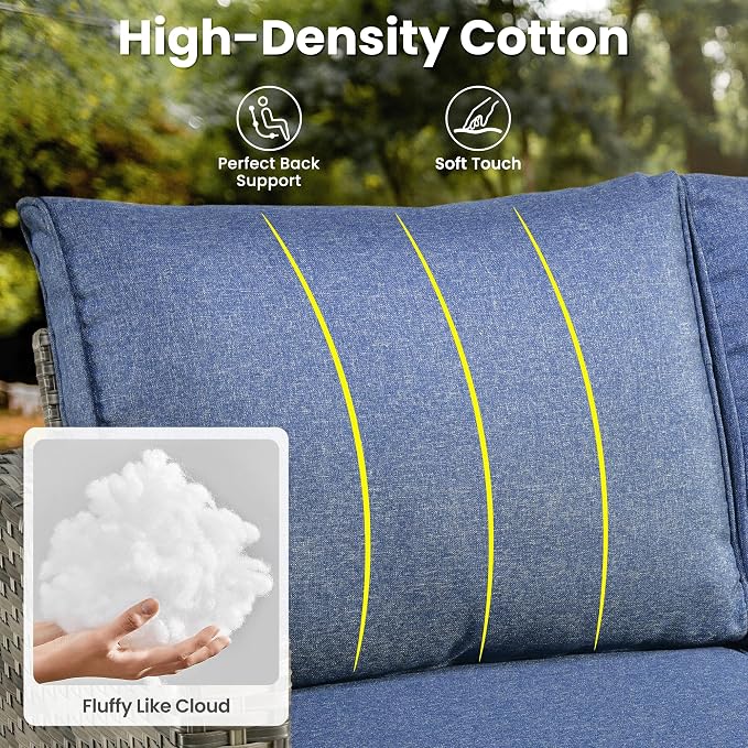 ovios 6 Pieces Patio Furniture Set, Outdoor Wicker Rattan Sofa Couch with Loveseat, Chairs, Comfy Cushions, Conversation Sets for Porch Deck Garden, Denim Blue