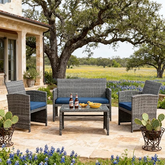 JAMFLY 4 Piece Outdoor Patio Furniture Set, Outdoor Wicker Rattan Chairs Conversation Sets with Cushions & Coffee Table for Outside, Garden, Balcony, Porch, Dark Blue