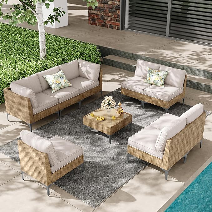 9 Piece Patio Furniture Set, Wicker Modular Outdoor Furniture with Thicker Cushions, Outdoor Couch Sofa for Garden, Poolside, Backyard, Beige